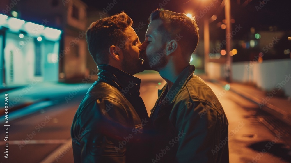 A couple of men standing next to each other on a street A couple of men standing next to each other on a street
