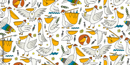 Pelicans family. Funny characters. Seamless pattern background for your design (ID: 763802744)
