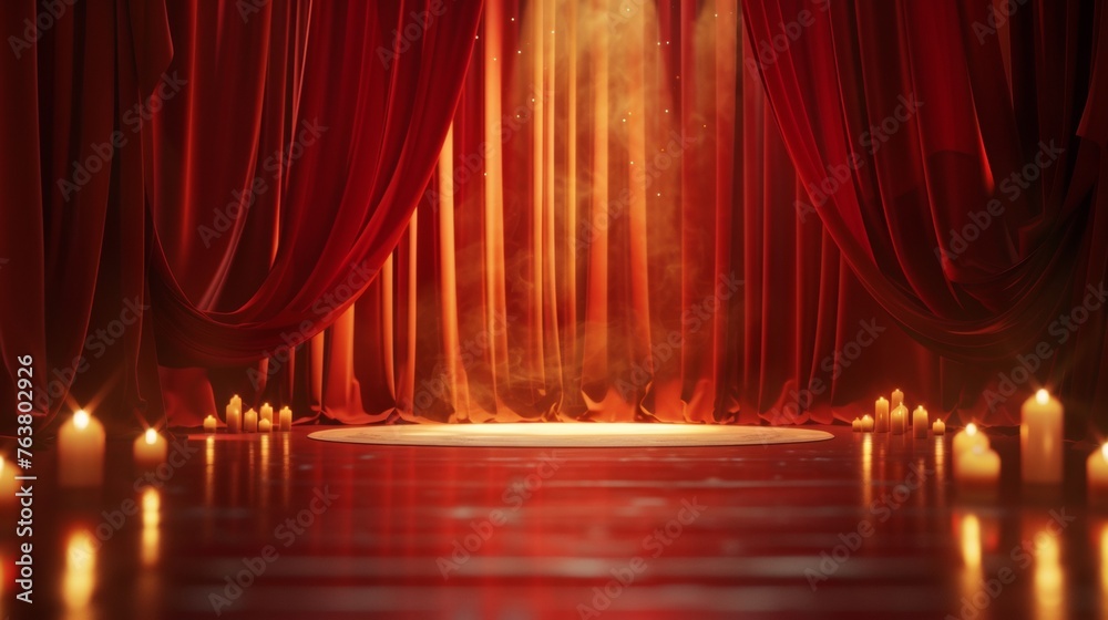 A stage with red curtains and lit candles - obrazy, fototapety, plakaty 