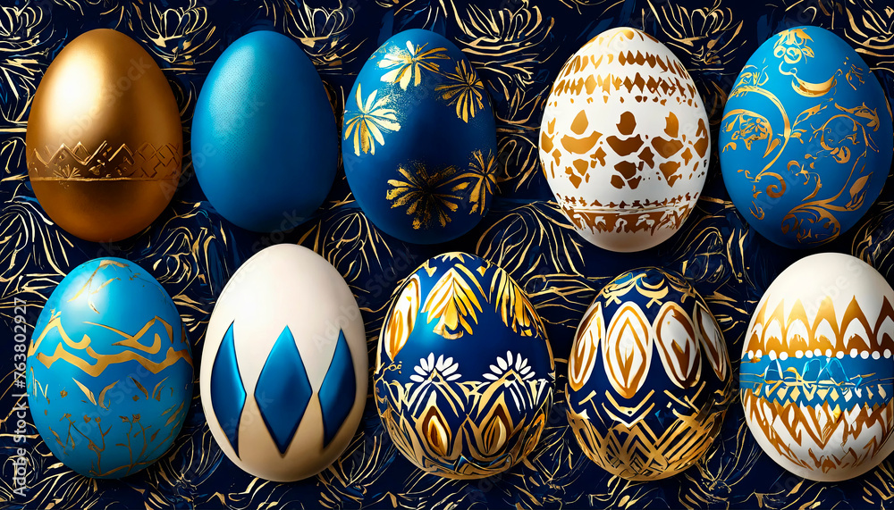 set of easter easter eggs in a row on blue backgrounf set of easter easter eggs in a row on blue backgrounf