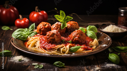 A plate of fresh pasta with marinara sauce and meatbal