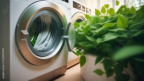 Modern eco-friendly white washing machine surrounded by green plants indoors, the concept of environmentally friendly washing of clothes and household appliances