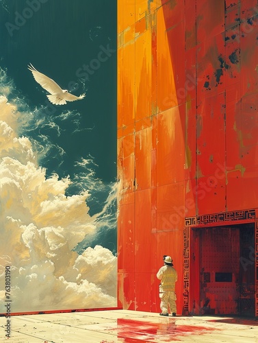 A man stands in front of a red building with a bird flying in the sky