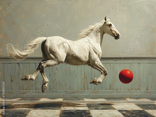 A white horse is running and jumping over a red ball