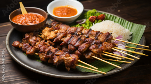 A plate of Indonesian satay with grilled meat and pean