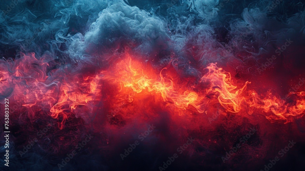 Red and blue smoke, steam swirling against a dark, muted background.	
