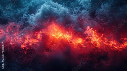 Red and blue smoke, steam swirling against a dark, muted background. 
