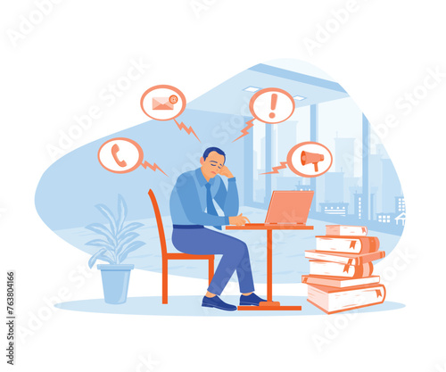 Stressed man in the office. Tired of doing a lot of work at the same time. Stress concept. Flat vector illustration.