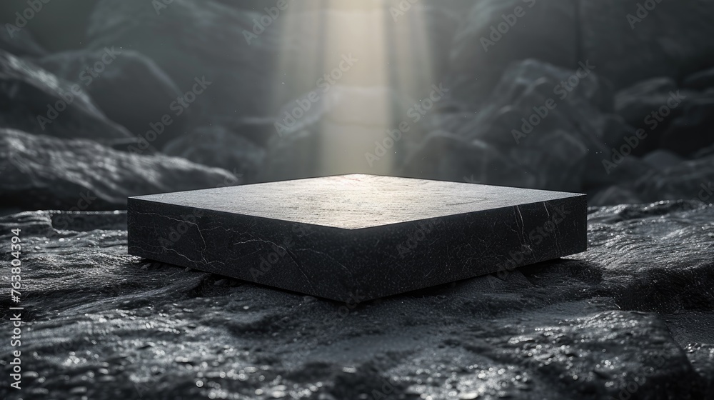 Abstract view of a black marble platform bathed in a natural sunlight beam in a rocky landscape.