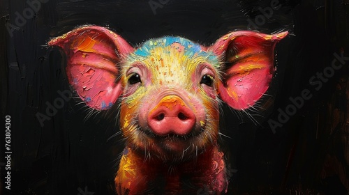 A pig with a pink nose and colorful paint on its face