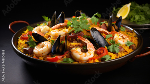A plate of Spanish paella with saffroninfused rice