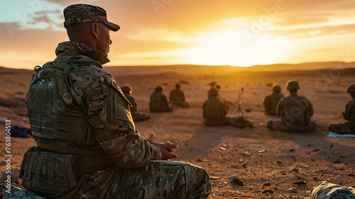 .A photograph of a military chaplain conducting a field service for troops in a desert environment