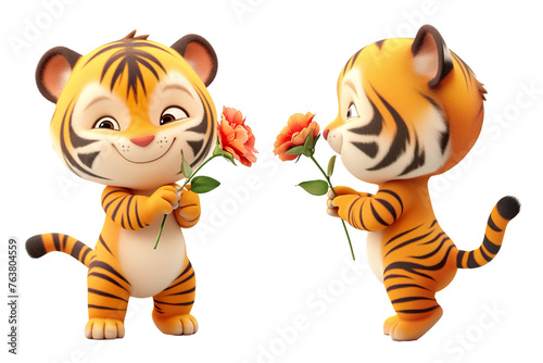 The cartoon tiger baby stands smiling happily with a flower in his hand In one's clothes, white background PNG