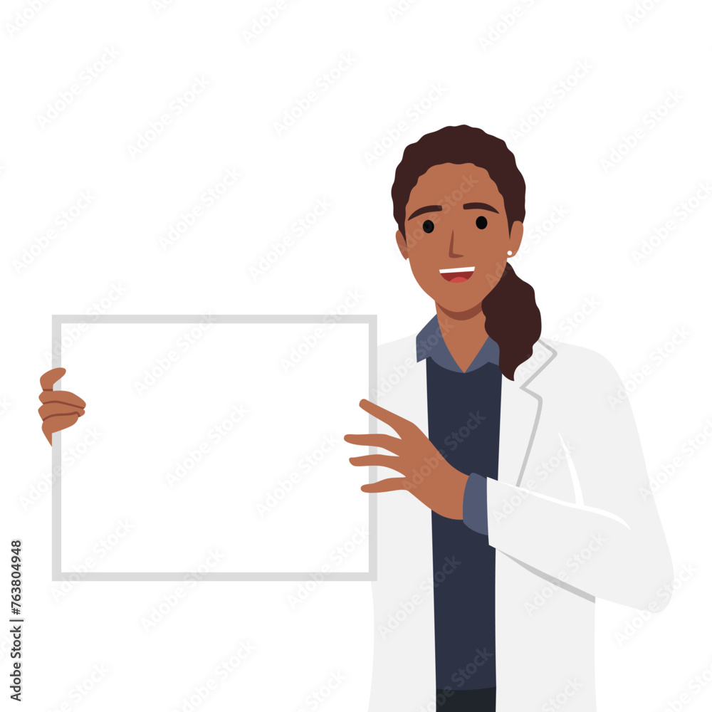 Doctor holding blank board in his hands. Doctor female personage presenting sign. Flat vector illustration isolated on white background Doctor holding blank board in his hands. Doctor female personage presenting sign. Flat vector illustration isolated on white background