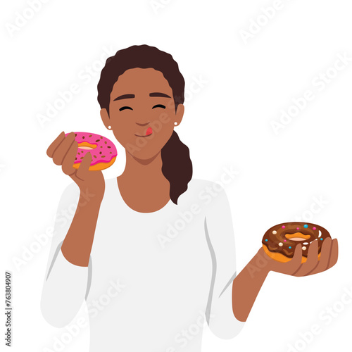 Woman eats high calorie buns covered with sugar icing enjoying donuts from fast food. Flat vector illustration isolated on white background