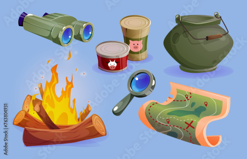 Camp equipment icon and summer adventure hike cartoon set. Campfire element with survival map, tourism cooking food and magnifying glass collection. Binoculars object and journey accessories