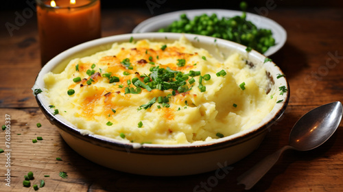 A plate of traditional English fish pie with a mashed