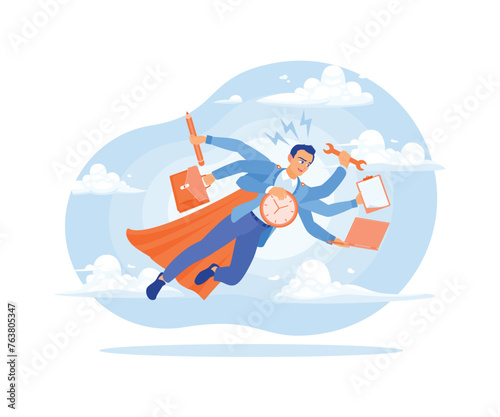 A busy man in the office. Businessman with many hands doing a lot of work on time. Multitasking concept. Flat vector illustration.