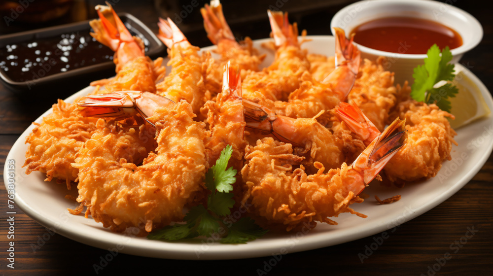 A platter of crispy coconut shrimp served with sweet c