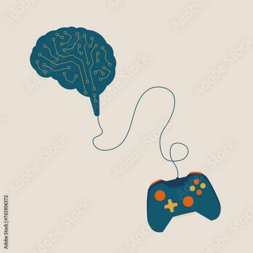 brain connected to the controller joystick. Game time. Brain games. Stock vector illustration isolated on white background.