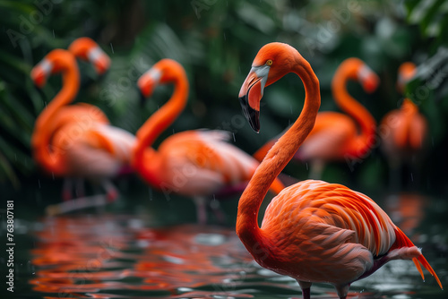 Flamingos in rain