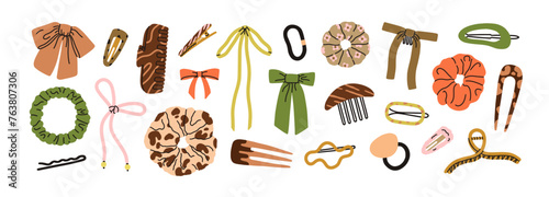 Hair accessories set. Hairpin, clip, comb, ribbon bow, tie knot, elastic band, hairgrip, pin and bowknot for hairdressing, girls decoration. Flat vector illustrations isolated on white background