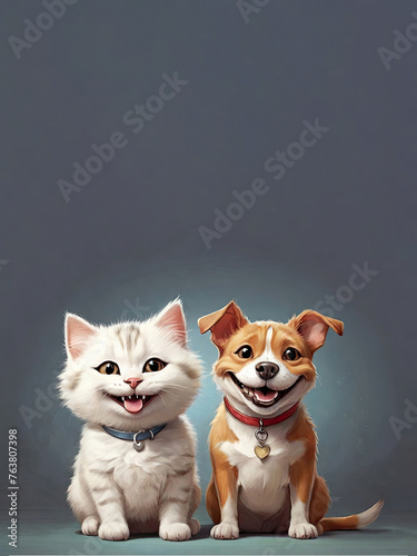 Illustration of smiling puppy and kitten, adorable small pets with wide toothy smiles looking at camera. beige background copy space. concept of pet adoption, animal welfare, pet-related products