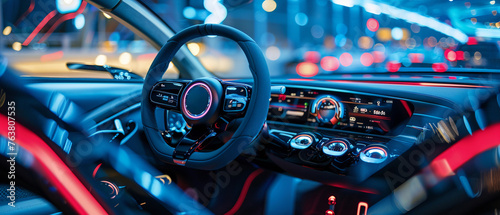 A close-up of the dashboard and steering wheel of a futuristic electric car in a showroom, showcasing modern design and innovative technology.