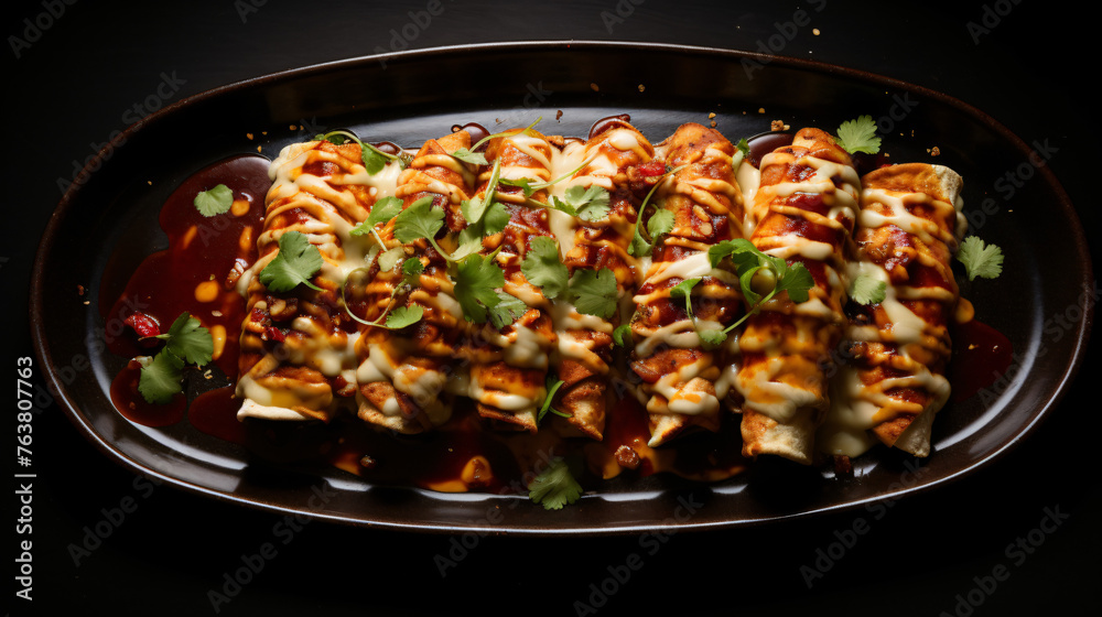 A platter of Mexican enchiladas with cheese and chili