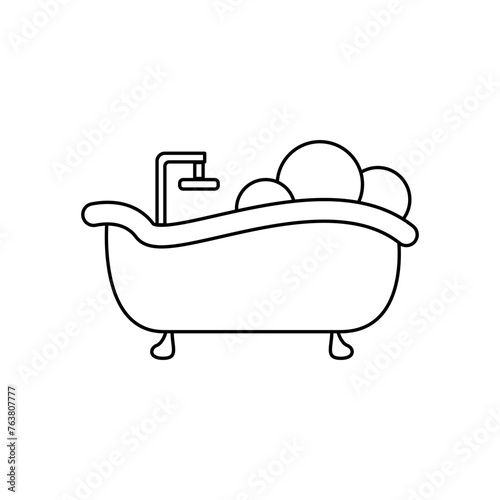 Bath in linear style vector icon. Shower logo concept. Outline of a cute bathtub in a simple flat style. Cleanliness vector icon. Home interior for bathroom vector. Vector illustration.