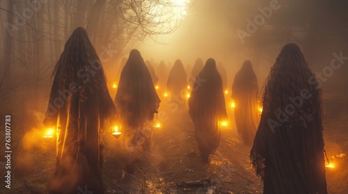 Witches in black robes gather for a Sabbath in the forest. Magic coven. Frightening mystical atmosphere. Witchcraft and magic. Evil women walk together to ritual meeting. Dark night. photo