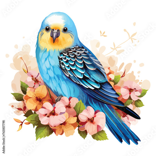 Budgie with Flowers clipart isolated on white background © Mishab