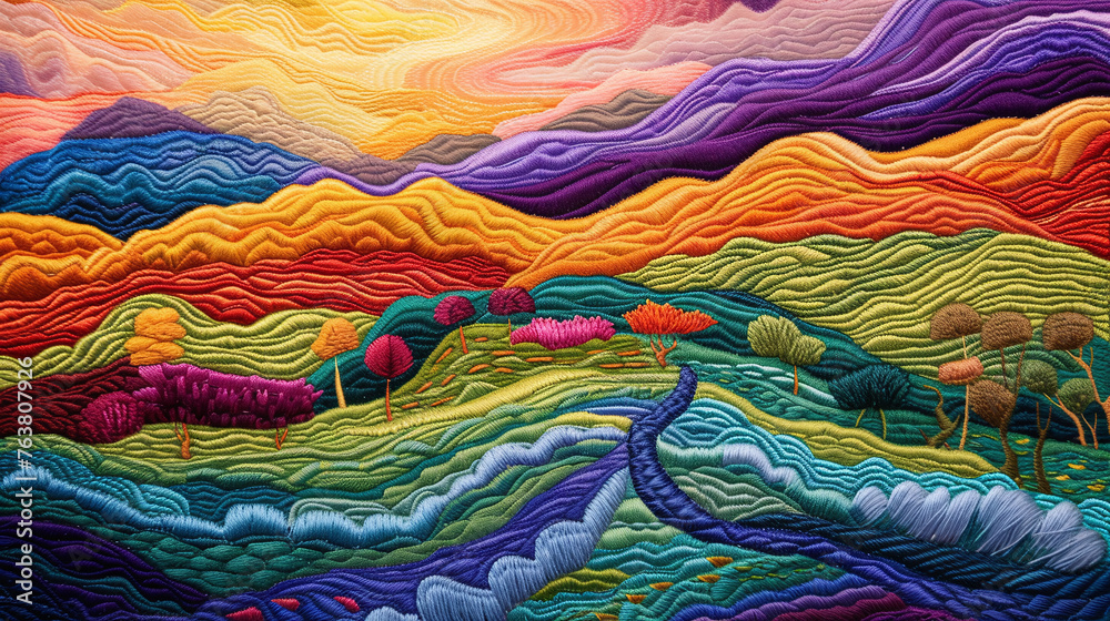 colorful mountain landscape created with embroidery