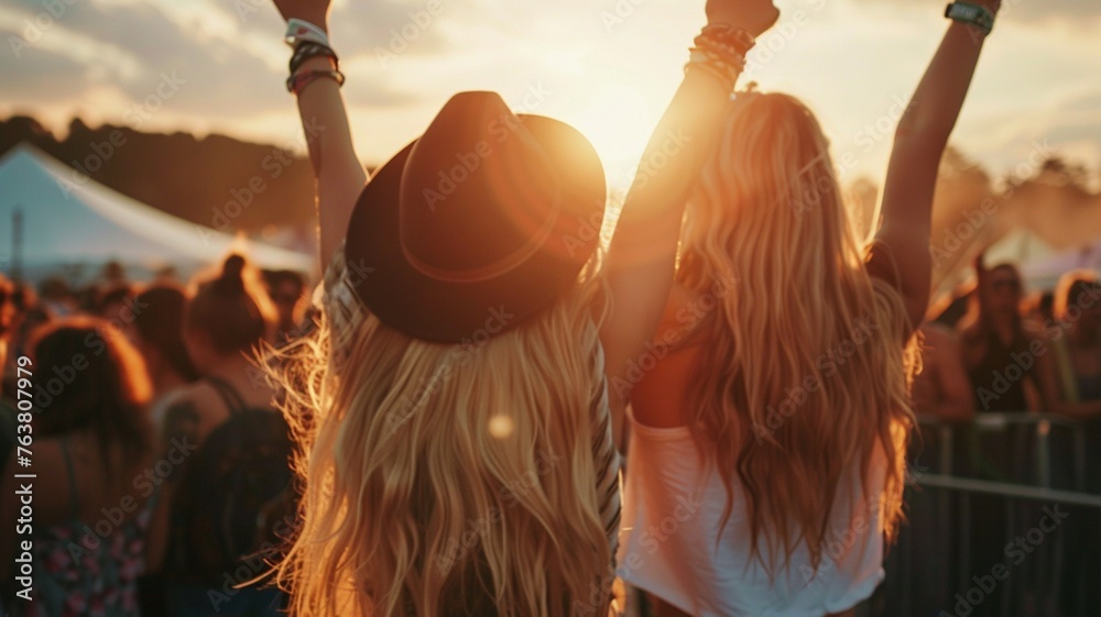 Two young women with long blonde hair One wore a black hat and the other wore a white shirt. Dancing at a music festival with arms raised in the air as the sun sets.ai generated. - obrazy, fototapety, plakaty 
