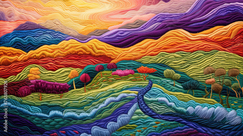 colorful mountain landscape created with embroidery © Helfin