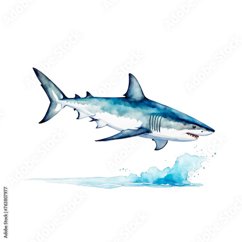 Shark watercolor painting, blue shark, marine animal, vector illustration, clipart, animal, clipart, dive, water splash, aquarium, dangerous animal, cutout on white background