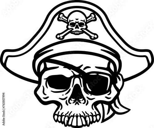 A pirate skull and crossbones jolly roger grim reaper cartoon wearing captain a hat and eye patch