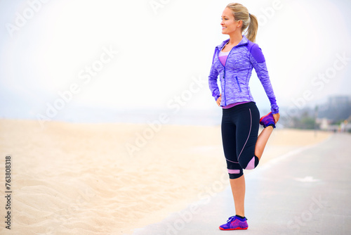 Beach, mockup or woman stretching legs for training, exercise or fitness workout in promenade. Warm up, happy or sports athlete with smile ready to start practice at sea for wellness or running space