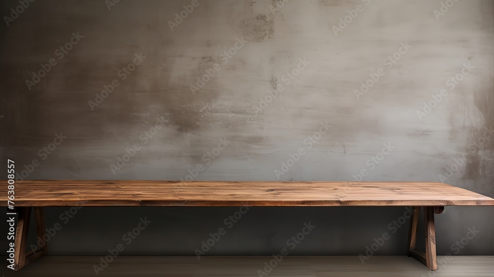Wooden table with grey wall background.