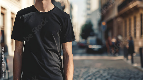  stylish mockup showcasing a man in a black t-shirt walking confidently on a city street, with his face not shown, adding an element of mystery and versatility.