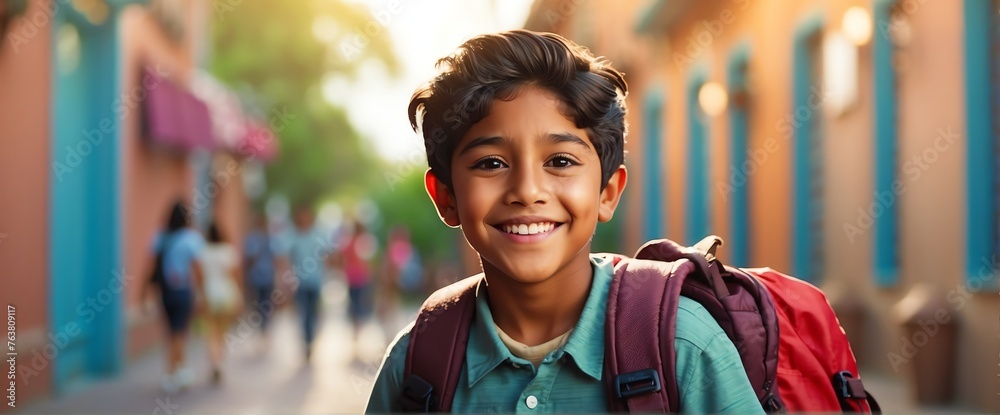 Happy smiling hispanic mexican little kid boy carrying a backpack going ...