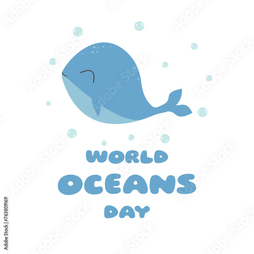 World Ocean Day June 8th. Whale in kawaii style, bulbs, marine print. Concept of celebration, holiday, event. Template design for background, design, poster, banner. Vector eps 10.