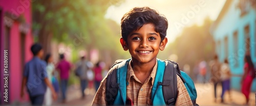 Happy smiling indian little kid boy carrying a backpack going back to school looking at the camera, copy space banner template backdrop from Generative AI photo