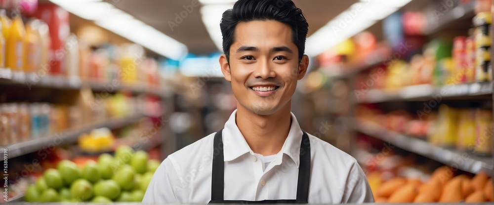 Male asian grocery supermarket clerk worker employee on foods section smiling looking on camera, copy space banner template backdrop from Generative AI