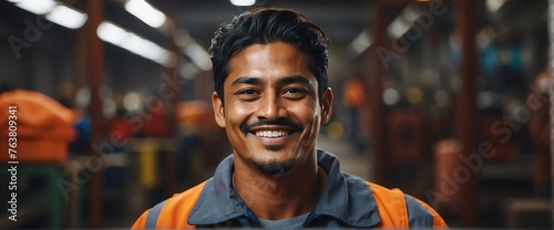 Immigrant male factory worker smiling looking at the camera, copy space banner template backdrop from Generative AI