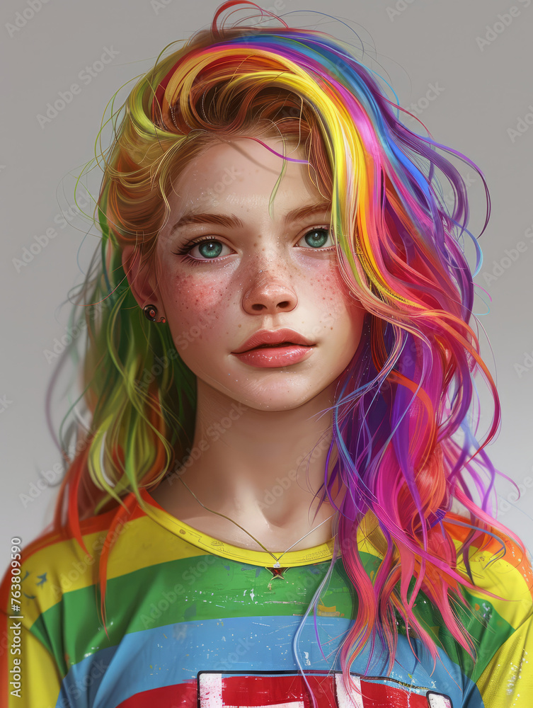 An artistic depiction of a beautiful girl with flowing rainbow curls and freckles in a vibrant shirt