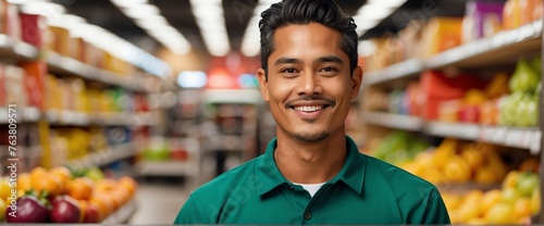 Male Filipino grocery supermarket clerk worker employee on foods section smiling looking on camera, copy space banner template backdrop from Generative AI