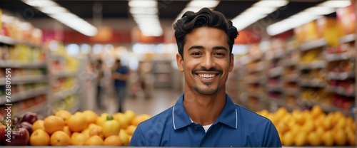 Male grocery supermarket clerk worker employee on foods section smiling looking on camera, copy space banner template backdrop from Generative AI