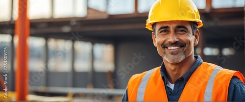 Male immigrant engineer architect on construction site smiling looking at the camera, copy space banner template backdrop from Generative AI