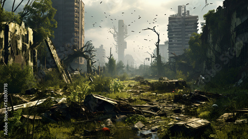A postpocalyptic wasteland with abandoned skyscraper